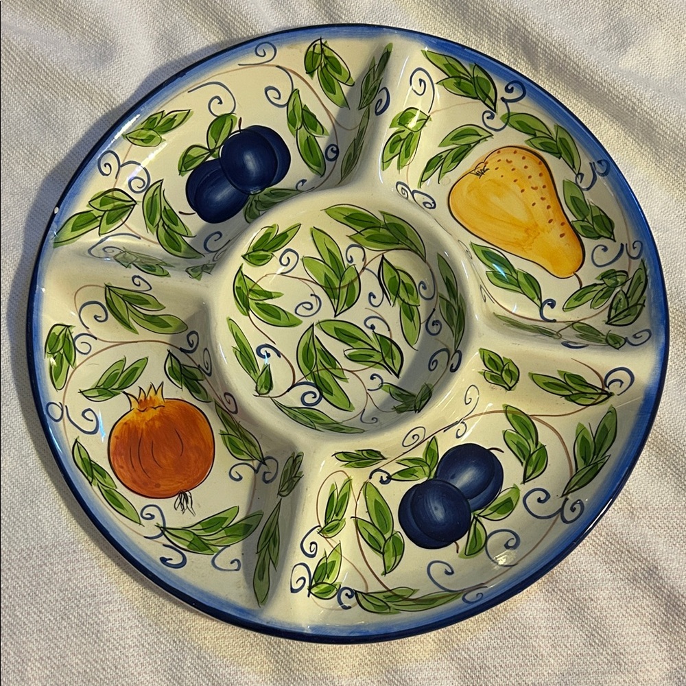 Hand-Painted Ceramic Sectioned Serveware - Blue, Green, Yellow Fruit Design